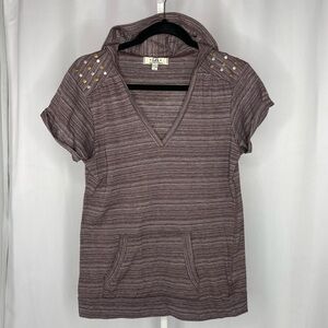 Lei Y2K 90’s XL Brown Striped Short Sleeve hooded shirt Pocket Casual Boho